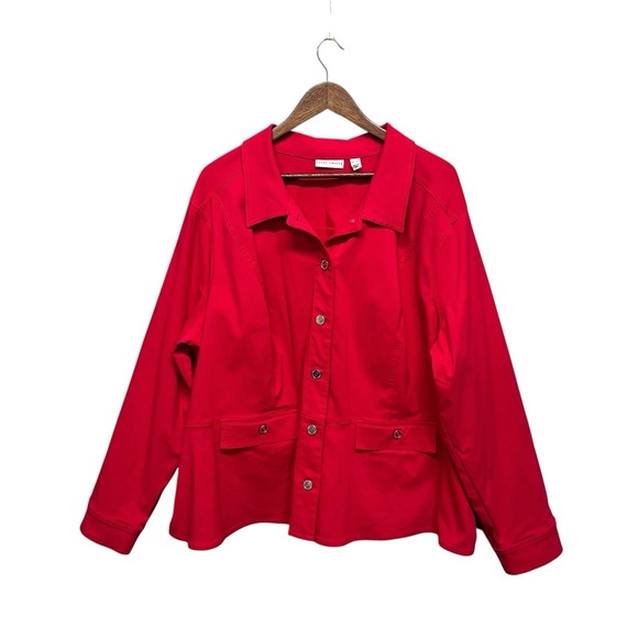 Susan Graver Long Sleeve Button‎ Up Tunic Top Women Size 4X Red Stretch Pockets - Picture 1 of 12